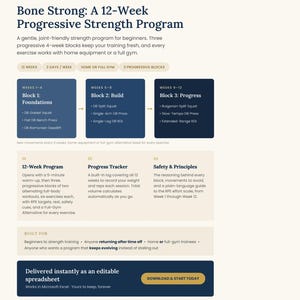 May include: A digital 12-week progressive strength program titled Bone Strong by Longevica. The document outlines three 4-week training blocks, a progress tracker, and safety principles. It is delivered as an editable spreadsheet for home or gym use.