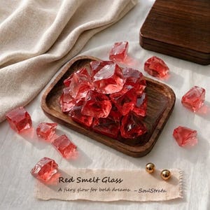 Puede incluir: Una colección de trozos de vidrio fundido rojo translúcido apilados en una pequeña bandeja rectangular de madera. Hay piezas de vidrio adicionales esparcidas cerca. Una etiqueta de tela beige presenta el texto: Red Smelt Glass, A fiery glow for bold dreams. – SoulStrata.