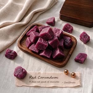 May include: A collection of rough, deep purple-toned mineral chunks arranged on a small, rectangular wooden tray. A beige fabric label features the printed text: Red Corundum, A deep red spark of character. – SoulStrata, alongside two small gold spheres.