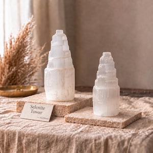 Op de afbeelding: Twee witte, doorschijnende seleniet torens met een getrapt ontwerp. Elke toren heeft een cilindrische basis en een puntige bovenkant. Een kleine witte kaart staat voor de grotere toren met de gedrukte tekst Selenite Tower —SoulStrata.