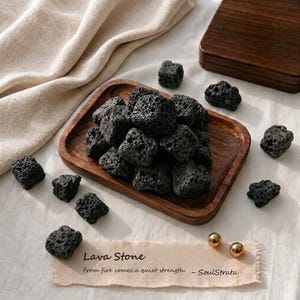 Può includere: Una collezione di pietre laviche nere e porose disposte su un piccolo vassoio rettangolare in legno. Altre pietre sciolte sono sparse nelle vicinanze. Una striscia di tessuto beige riporta il testo: Lava Stone, From fire comes a quiet strength. - SoulStrata.