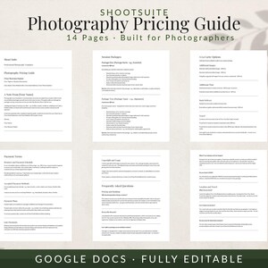 May include: A 14-page photography pricing guide template for Google Docs. The document features sections for session packages, a la carte options, payment terms, copyright, and frequently asked questions, all presented in a clean, professional layout.