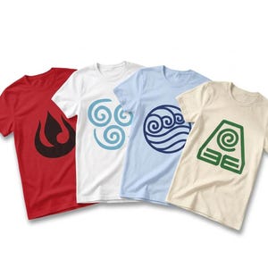 May include: Four short-sleeved crew neck t-shirts arranged in a row. The first is red with a black flame emblem, the second is white with a light blue spiral, the third is light blue with a dark blue wave circle, and the fourth is cream with a green geometric symbol.