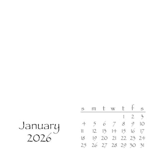 May include: A white calendar page for January 2026. The word "January" is written in a cursive font above the year "2026". The days of the month are listed in a grid format. The Elderberry Blossom copyright is at the bottom.