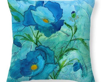 Pillow Blue Poppies Watercolor Decorative Pillow Gift Idea