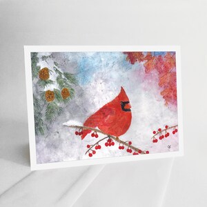 Download Digital Blank Note Card - Cardinal 2 in winter with red berries and pine cones watercolor print Instant Download