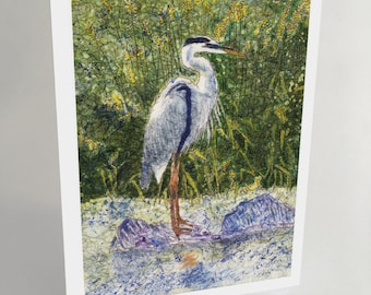 Download Digital Blank Note Card - Great Blue Heron watercolor batik print Instant Download