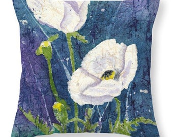 Pillow White Poppies in an Evening Garden Watercolor Batik Decorative Pillow Gift Idea