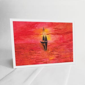 Blanco notitiekaart downloaden - rode lucht bij nacht zeilboot zonsondergang - afdrukken van aquarelverf Instant Download Vaderdagkaart