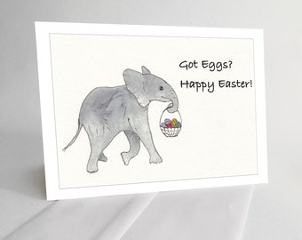 Printable Easter Card Baby Elephant With Egg Basket Watercolor Print Your Own PDF download