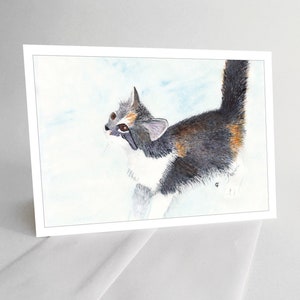 Digital Blank Note Card - Calico Cat Kitten - print from watercolor painting Instant Download