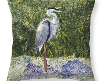 Pillow Great Blue Heron on Creek Bank Watercolor Batik Decorative Pillow Gift Idea