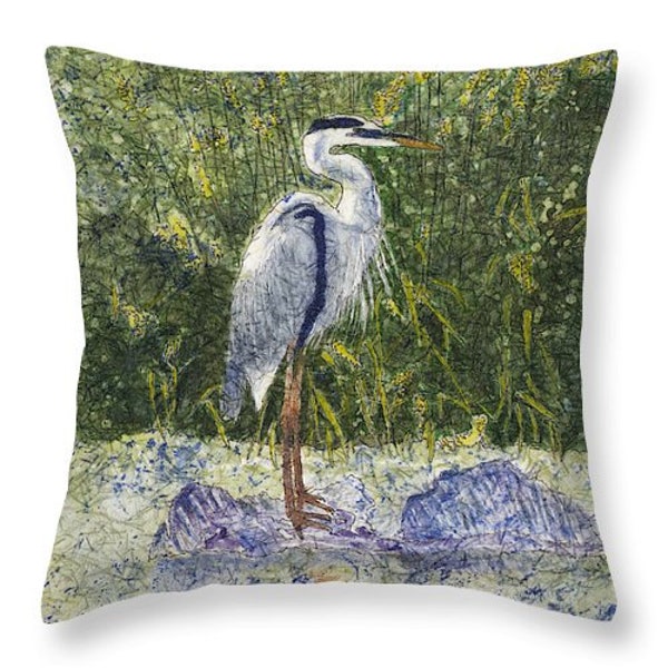 Pillow Great Blue Heron on Creek Bank Watercolor Batik Decorative Pillow Gift Idea