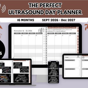Könnte beinhalten: Ein digitaler Planer mit dem Titel The Perfect Ultrasound Day Planner für September 2026 bis Dezember 2027. Die Anzeige zeigt ein 193-seitiges Layout mit wöchentlichen Kalenderansichten, Ultraschallbildern und medizinischen Protokollen.