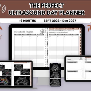 Peut inclure: Un agenda numérique intitulé The Perfect Ultrasound Day Planner couvrant 16 mois, de septembre 2026 à décembre 2027. L'affichage présente des pages de calendrier hebdomadaire, des images d'échographie et des modèles de protocoles médicaux.