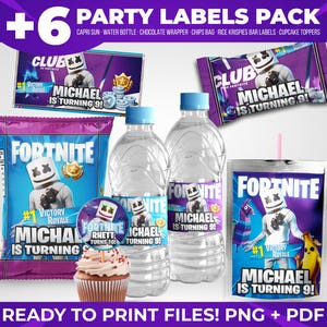 Puede incluir: Un paquete de etiquetas digitales para fiestas con diseños temáticos de Fortnite para bolsas de Capri Sun, botellas de agua, envoltorios de chocolate, bolsas de patatas, barritas de arroz y adornos para cupcakes con el texto Michael is turning 9.