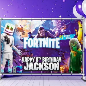 May include: A rectangular Fortnite-themed party backdrop banner featuring various game characters, the Fortnite logo, and the text Happy 8th Birthday Jackson. The banner is mounted on a metal frame with grommets and is surrounded by purple balloons.