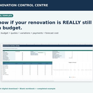 May include: A digital Excel template titled Renovation Control Centre. The layout includes sections for tracking project budgets, quotes, variations, payments, and forecast costs with columns for categories like kitchen, bathroom, and flooring.