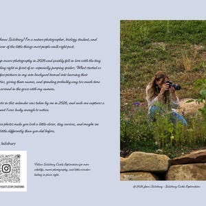 May include: A calendar page featuring a light blue background with black cursive text, a QR code for Salisbury Castle Explorations, and a photograph of a photographer crouching in a garden while using a camera to capture nature images.