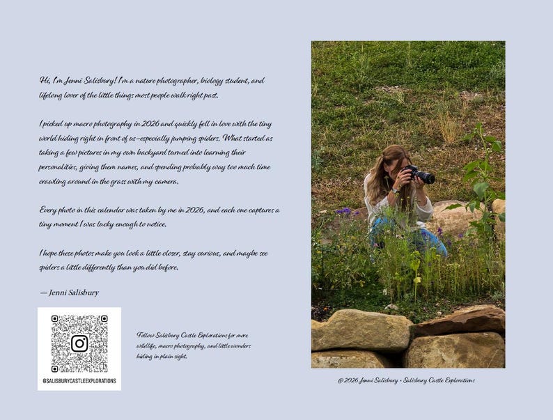 May include: A calendar page featuring a light blue background with black cursive text, a QR code for Salisbury Castle Explorations, and a photograph of a photographer crouching in a garden while using a camera to capture nature images.