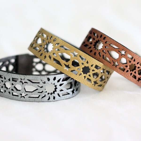 3 Geometric Laser cut Metallic Leather Bracelets (Moroccan Zillij inspired)