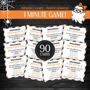 May include: A set of 90 printable Halloween game cards featuring black and orange borders. Each card displays a unique one-minute challenge, such as Ghost Balloon Tap or Mummy Wrap Relay, with instructions and supplies needed printed in black text.