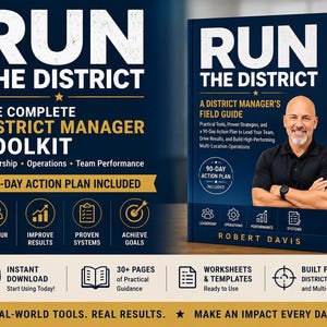 May include: A book titled Run The District: The Complete District Manager Toolkit by Robert Davis. The dark blue cover features white and gold text, a 90-day action plan badge, and icons for leadership, operations, performance, and systems.
