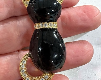 Fantastic Vintage Gold Tone Black Enamel Rhinestone Cat Brooch signed Roman