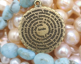 The Lords Prayer, Our Father, Padre Nuestro en Español, Christian Catholic Saints Medal Pendant