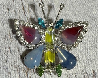 Vintage Rare Rhinestone Art Glass Cabochon Butterfly Brooch Silver Tone