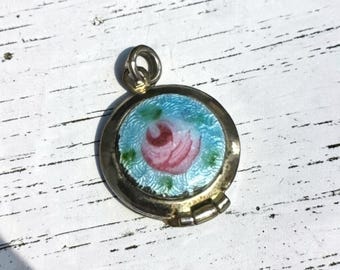 Vintage Guilloche Enamel Locket Pink Rose on Blue Gold Tone