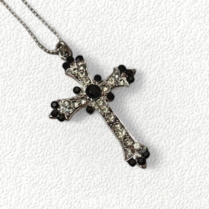 Black and Crystal Clear Rhinestone Cross Pendant Chain Necklace Silver Tone
