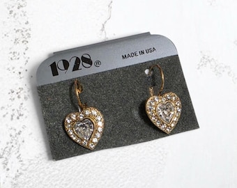 Vintage 1928 Jewelry Co. Romantic Heart Rhinestone Earrings Gold Tone