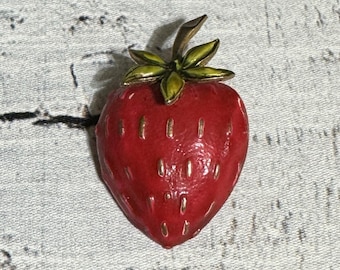 Vintage Red Strawberry Enamel & Goldtone Brooch 2” not Signed