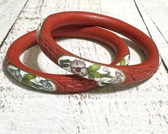 Vintage Chinese Export Carved Cinnabar & Cloisonne Enamel Bangle Bracelet