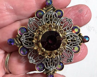 Signed Chico's Gem Tone Crystal Rhinestone Brooch