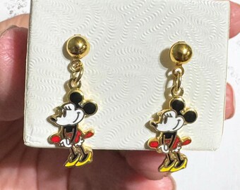 Vtg Disney Minnie Mouse Earrings Red Black White Enamel Gold Tone Dangle Studs