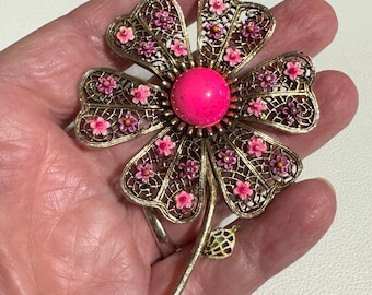 Vintage ART Arthur Pepper LARGE Enamel Flower Pin Brooch Pink MCM