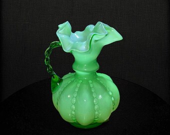 6” FENTON Glass Pitcher Vase Beaded Melon Green Overlay Vintage Glassware