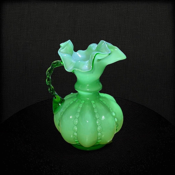 6” FENTON Glass Pitcher Vase Beaded Melon Green Overlay Vintage Glassware