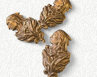 Vintage Art Nouveau Native American Floral Maize Bronze Brass Stamping Jewelry