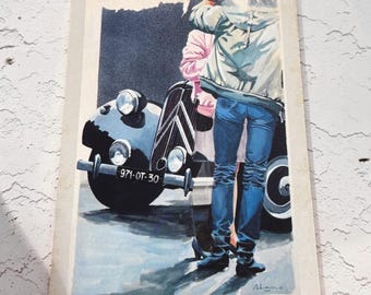 Vintage Alain Soucasse Art Postcard - Citroën Traction Avant & Retro Fashion