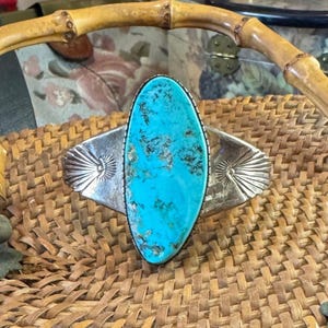 Vintage Signed Navajo Southwestern Sterling Turquoise Cuff Bracelet