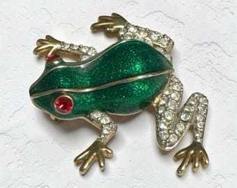 Vintage Gold Tone Clear Crystal Figural Tree Frog Brooch Emerald Green Red Eyes