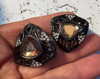 Signed Givenchy Vintage Art Deco Style Gunmetal Triangle Statement Earrings