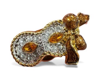 Swarovski Crystal Amber Stone Venetian Masquerade Mask Gold Brooch Tac Lapel Pin