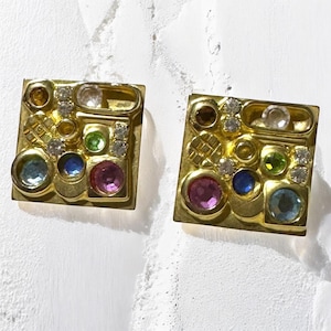 Vintage signed Sorrelli Gold Tone Clip Earrings Square Puzzle Slide Rhinestone