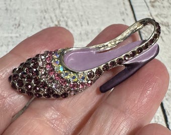 Vintage Silver Tone Purple Rhinestone Shoe Brooch