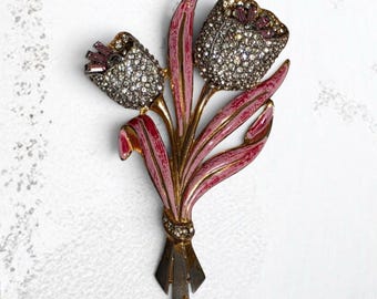 Coro Vintage Pink &Gold Enamel Rhinestone Quivering Trembler Tulip Flower Brooch