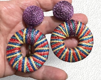 Vintage Colorful Bold Woven Large Statement Earrings pierced